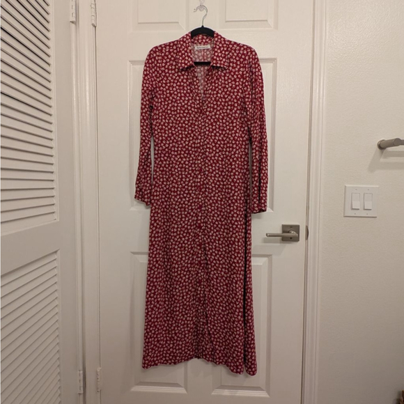 $198 Reformation Brighton Button Down Shirt Dress Red Burgundy White floral sz S - Picture 2 of 8